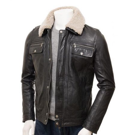 Sheep Fur Collar Black Leather jacket