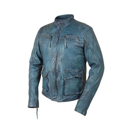 Sea Blue heavy washed Leather Jacket For Men