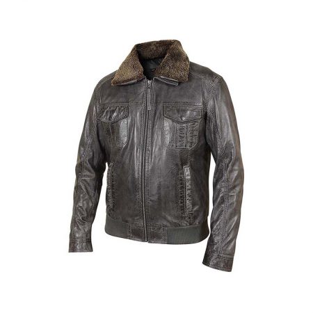 Brown Fur collar leather Jacket For Men
