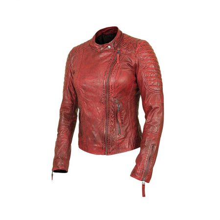 Over Flap Red Waxed Women Leather Jacket 