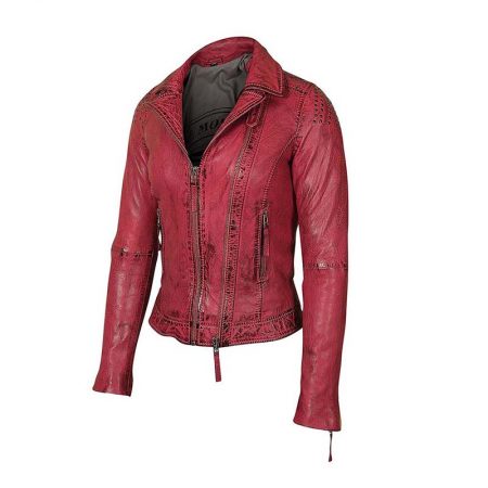 Red Waxy Biker Leather Jacket For Women