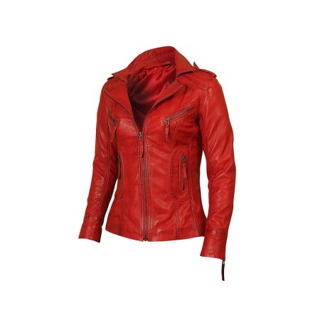Red Womens Biker Leather Jacket