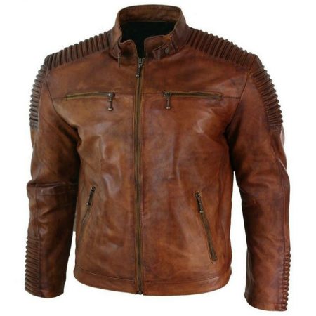 Sleeves Detail Cognac Waxed Leather Jacket