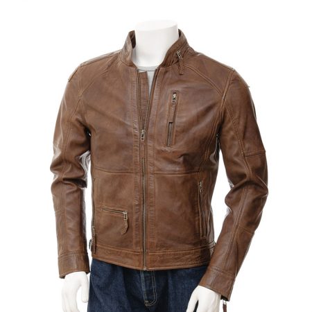 Slim Fit Cognac Waxed Leather Jacket