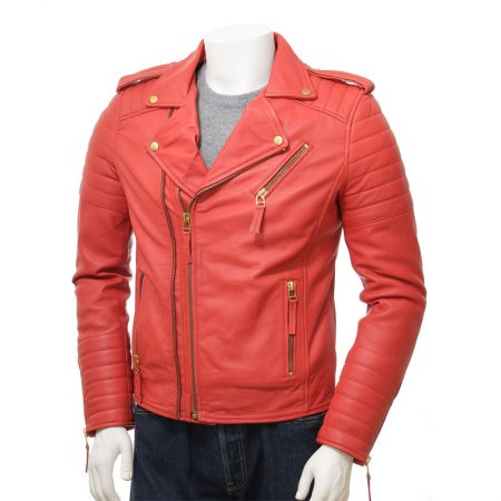 Biker Style Lambskin Leather Jacket Orange Color